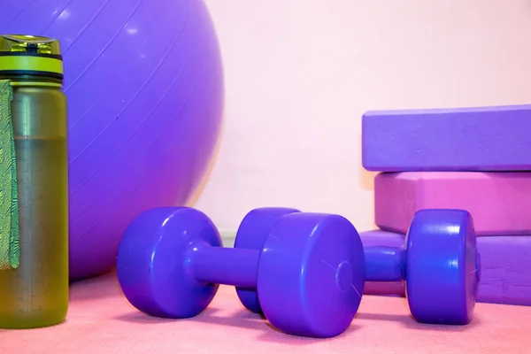 Fitness tools - ball, pink and purple cubes, dumbbells and a bottle of water on pink mat, free space for text