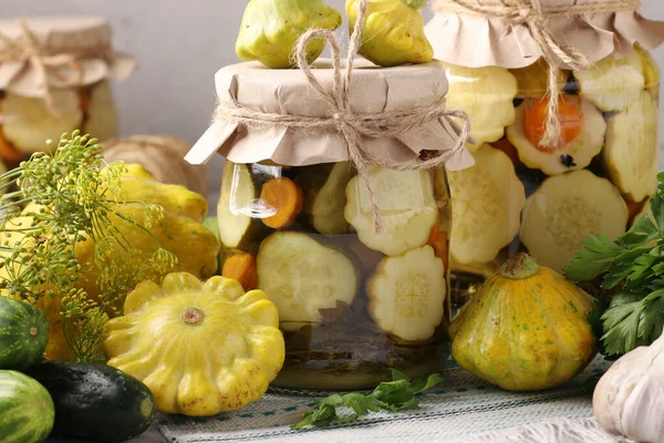 Pickled Patissons Cucumbers Carrots Garlic Glass Jars Fresh Ingredients Light — Stock Photo, Image
