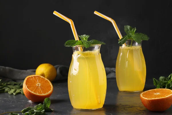 Homemade Lemonade Lemons Oranges Decorated Mint Tall Glasses Tubes Dark — Stock Photo, Image