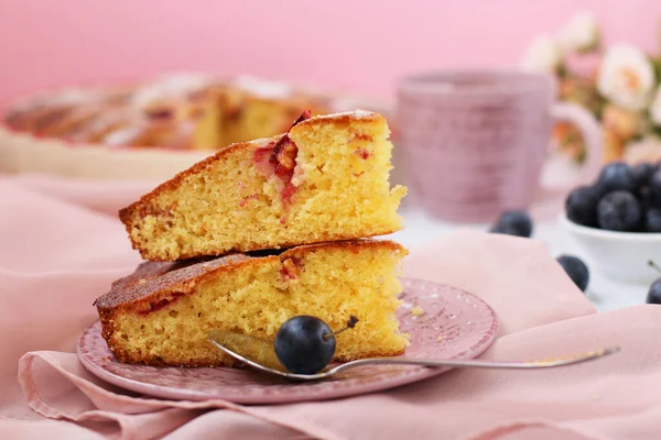 带有黑刺和李子的馅饼位于粉红色的背景上 前面有两片派 — 图库照片