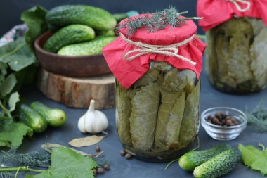 Ev yapımı salatalık salatalıkları sarımsak ve dereotla birlikte koyu arka planda iki cam kavanozda, yakın planda. Yatay biçim.