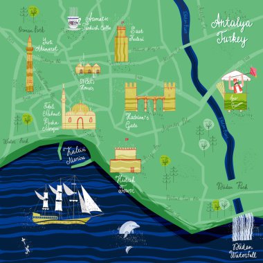 El Antalya karikatür harita çekilmiş. Kartpostal kavramı ile en ilginç yerleri ziyaret için.