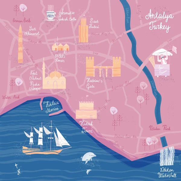 El Antalya karikatür harita çekilmiş. Kartpostal kavramı ile en ilginç yerleri ziyaret için.