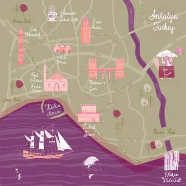 El Antalya karikatür harita çekilmiş. Kartpostal kavramı ile en ilginç yerleri ziyaret için.