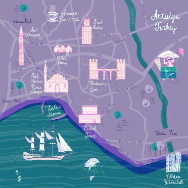 El Antalya karikatür harita çekilmiş. Kartpostal kavramı ile en ilginç yerleri ziyaret için.
