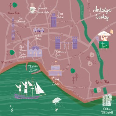 El Antalya karikatür harita çekilmiş. Kartpostal kavramı ile en ilginç yerleri ziyaret için.