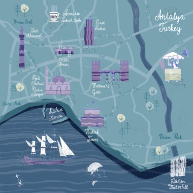 El Antalya karikatür harita çekilmiş. Kartpostal kavramı ile en ilginç yerleri ziyaret için.