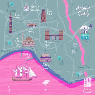 El Antalya karikatür harita çekilmiş. Kartpostal kavramı ile en ilginç yerleri ziyaret için.