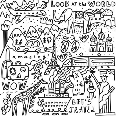 Set yazı ile seyahat. El vektör çizim çekilmiş. Doodle tarzı. Turizm ve seyahat popüler dünya sembolleri