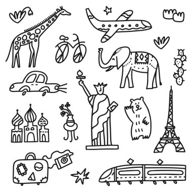 Set yazı ile seyahat. El vektör çizim çekilmiş. Doodle tarzı. Turizm ve seyahat popüler dünya sembolleri