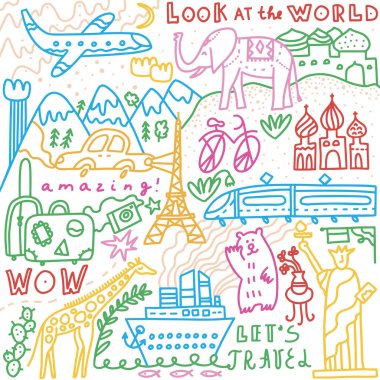 Set yazı ile seyahat. El vektör çizim çekilmiş. Doodle tarzı. Turizm ve seyahat popüler dünya sembolleri