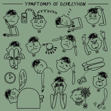 Depresyon belirti ve bulgular. Ruh sağlığı sorunları vektör çizim