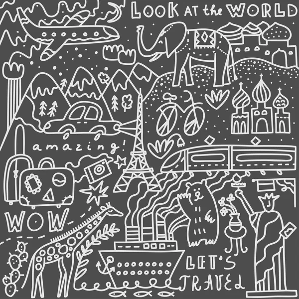 Juego de viaje con letras. Ilustración vectorial dibujada a mano. Al estilo Doodle. Símbolos populares del mundo del turismo y los viajes — Archivo Imágenes Vectoriales