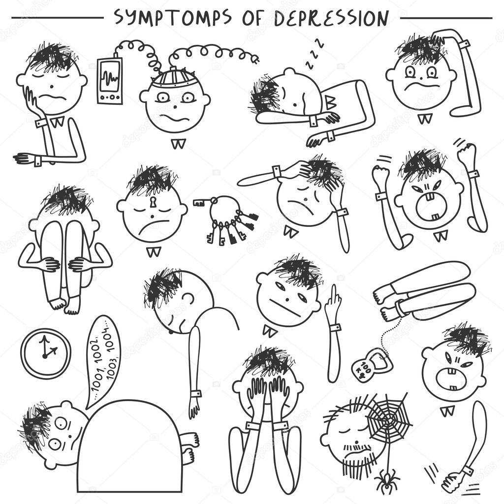 Depression signs and symptoms. Vector illustration of problems of mental health