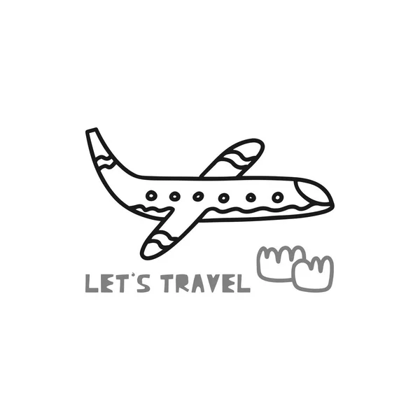 Travel card concept with plane and text 'let's travel' Doodle style — Stock Vector
