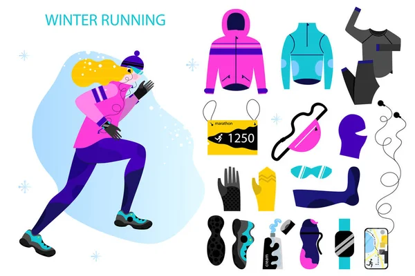 Winter running big set. Young athletic woman doing jogging. Vector illustration in flat design style — Stock Vector