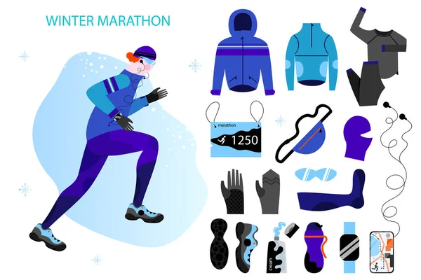 Inverno a correr bem. Jovem atlético fazendo jogging. Ilustração vetorial em estilo de design plano — Vetor de Stock