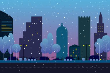 Kış city yol ile. Evler, arabalar, ağaçlar kar altında. Fantezi town arka plan şablonu. Düz stil akşam veya erken sabah manzarada