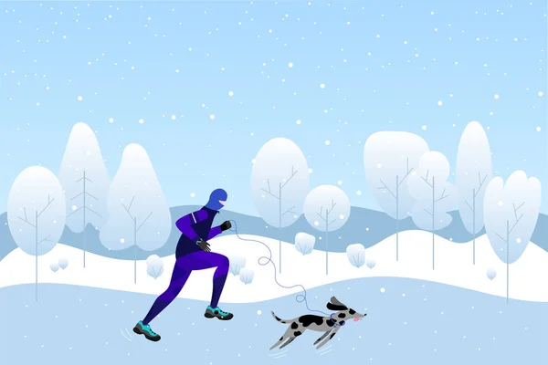 Winterlaufkonzept. Junger athletischer Mann mit Hund joggt in winterfarbener Landschaft im flachen Stil — Stockvektor