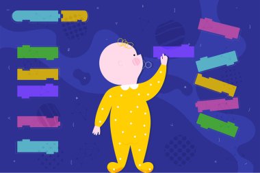 Şirin akıllı bebek soyut ekranda kodlama. Çocuk kodlama ve kod tasarım konsepti düz tarzı eğitim