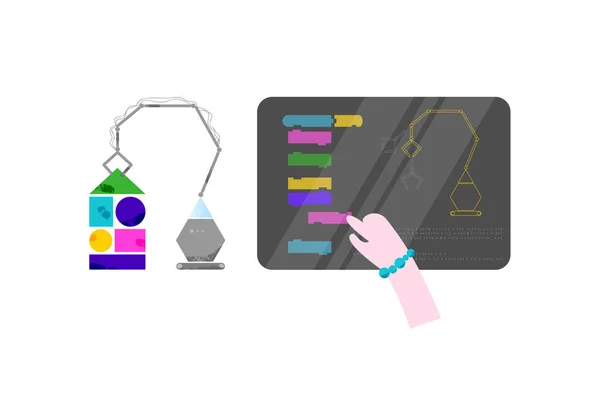 La mano del bebé en el ordenador portátil está codificando la máquina electrónica. Concepto de diseño de codificación y formación en código para niños en estilo plano — Vector de stock