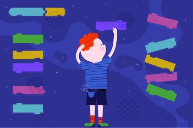 Sevimli akıllı çocuk soyut ekranda kodlama. Çocuk kodlama ve kod tasarım konsepti düz tarzı eğitim