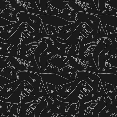 El dinozorlar ve relict bitkiler çekilmiş. Komik karikatür dino seamless modeli doodle