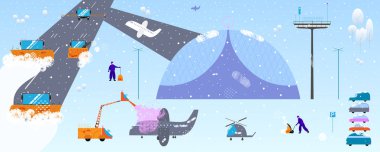 Kar ve buz kaldırma kavramı. Kar pulluk makineler, cihazlar ve modern çizgi film düz stil içinde küçük insanlar