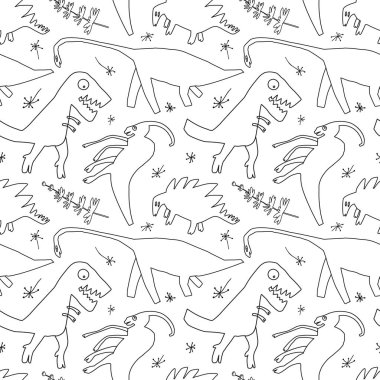 El dinozorlar ve relict bitkiler çekilmiş. Komik karikatür dino seamless modeli doodle