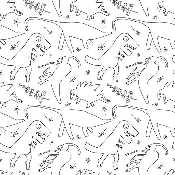 Dinosauri disegnati a mano e piante relitte. Divertente doodle cartone animato dino modello senza soluzione di continuità — Vettoriale Stock