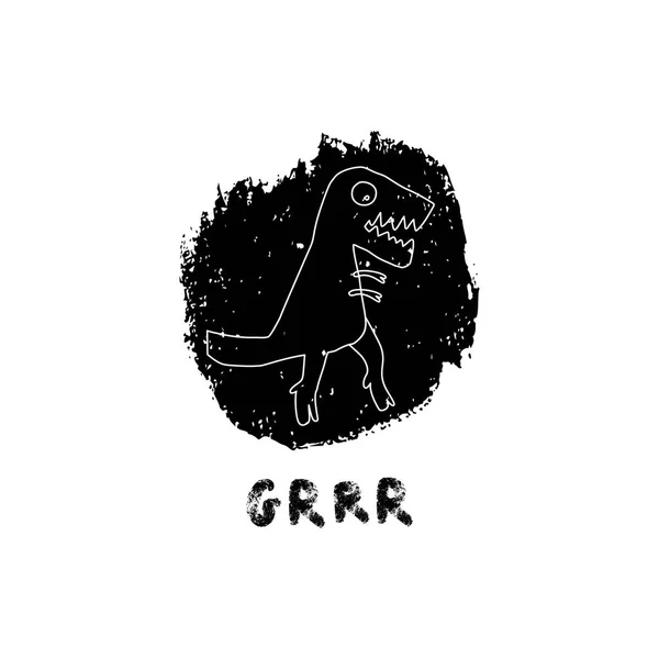 Dinossauro desenhado à mão com letras. Réptil jurássico. Desenho Tyrannosaurus Rex personagem doodle. Isolado bonito dino — Vetor de Stock