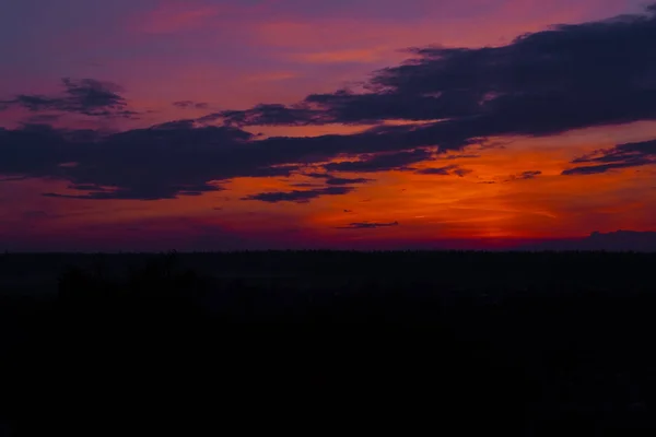 Pôr do sol vermelho paisagem florestal — Fotografia de Stock