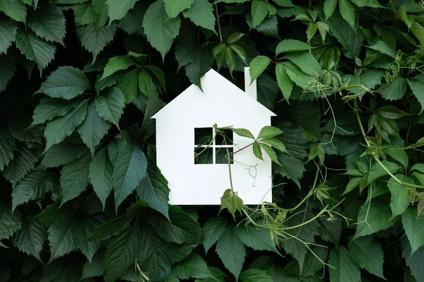 Bílý papírový dům na pozadí zelených listů — Stock fotografie