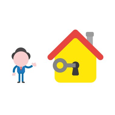 Vektör çizim meçhul işadamı karakter kilidini ev anahtar deliği ile anahtar.