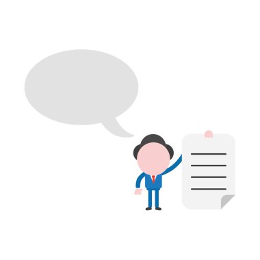 Meçhul işadamı karakter boş konuşma balonu ve kağıt yazılı holding ile vektör çizim.