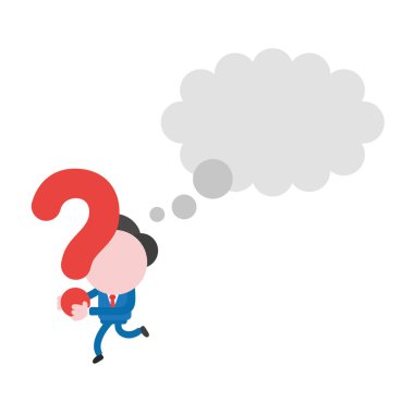 Meçhul işadamı karakter ile çalışan ve soru işareti taşıyan boş düşünce balonu, vektör çizim.