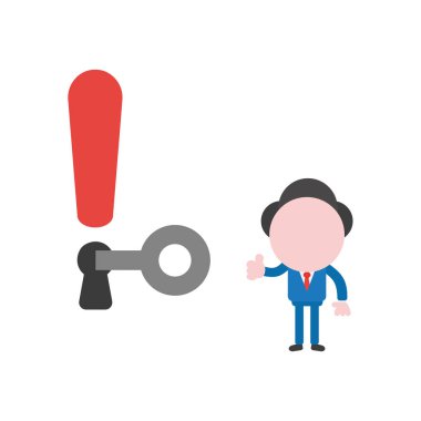 Vektör çizim meçhul işadamı karakter kilidini ünlem anahtar deliği ve Yaşasın vererek.