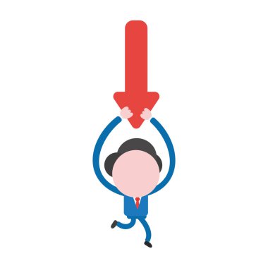 Çalışan ve aşağı hareket ok taşıyan meçhul işadamı karakter vektör çizim.