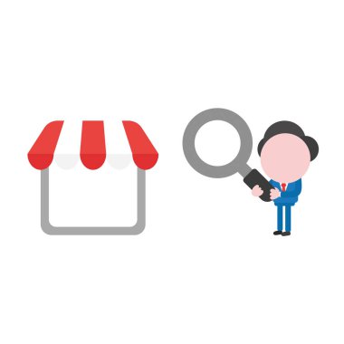 Meçhul işadamı karakter Büyüteç mağaza için seyir vektör çizim.