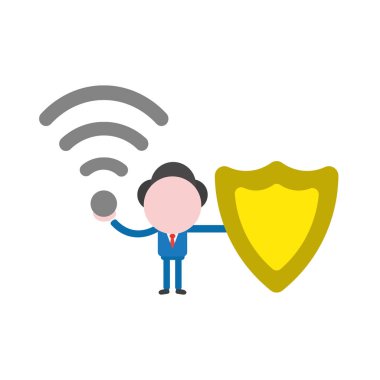 Kablosuz wifi sembolü ve koruma kalkanı tutan meçhul işadamı karakter vektör çizim.