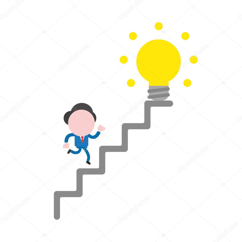 Vector illustration of faceless businessman character running glowing yellow light bulb idea at top of stairs.