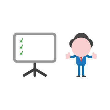 Meçhul işadamı karakter grafik pano içinde üç onay işaretleriyle Yaşasın vererek vektör çizim.