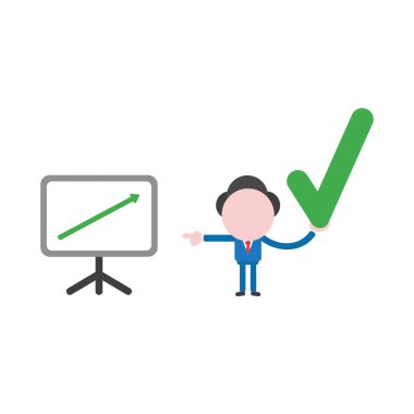 Onay işareti tutarak ve satış grafiği kurulu yukarı hareket ok ile işaret eden meçhul işadamı karakter vektör çizim.