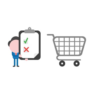 Pano onay ile ve işaretleri x tutarak ve alışveriş sepeti meçhul işadamı karakter vektör çizim.