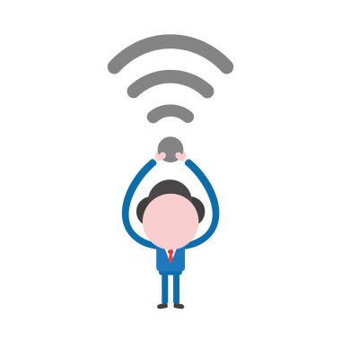 Vektör çizim işadamı maskot karakter kablosuz wifi sembolü kadar holding.