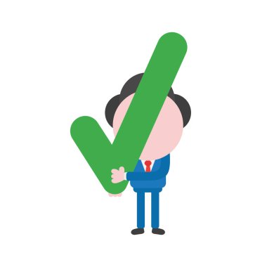 Vektör çizim işadamı maskot karakter holding onay işareti.