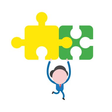 Çalışan ve iki bağlı yapboz parçalarını tutarak vektör illüstrasyon iş adamı maskot karakter.