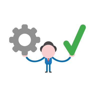 Vektör çizim işadamı maskot karakter holding Dişli ve onay işareti.