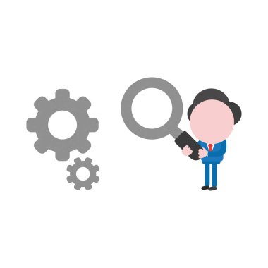 Vektör çizim işadamı maskot karakter holding Büyüteç Camı dişliler için.