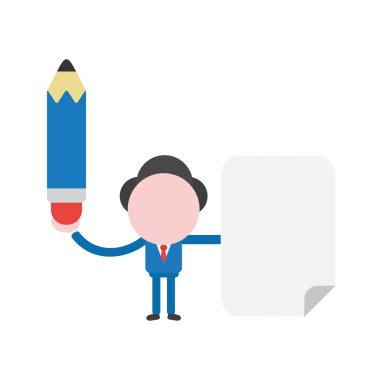 Vektör çizim işadamı maskot karakter boş kağıt ve kalem tutan.